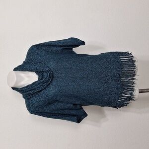 NY Collection Blue Black Coastal Boho Cowl Neck Knit Fringe Sweater Size PS